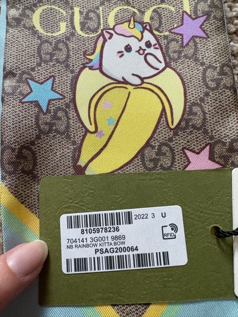 Gucci Brown & Light Blue Silk Monogram Scarf with Banana Graphic - Picture 8 of 13